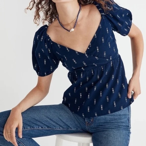 Madewell Sz M Jacquard Navy Puff Short Sleeve Cropped Top Blouse V Neck Pullover - Picture 1 of 8